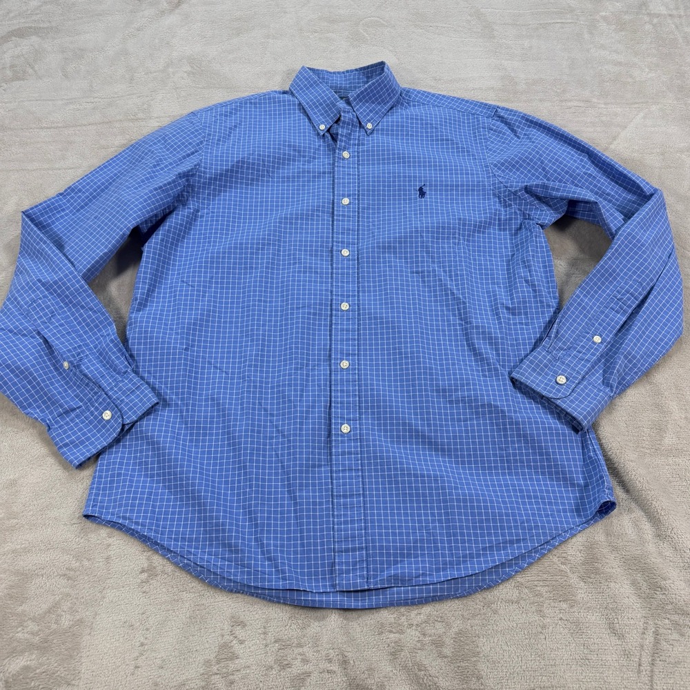 Ralph Lauren Mens Large Blue White Grid Check Button Down Shirt Long Sleeve EUC